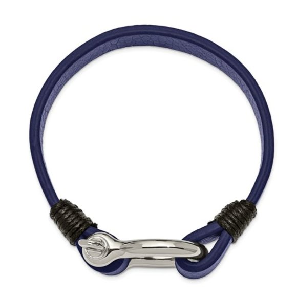 Stainless Steel Nautical Mariner Black and Blue Leather 8.25in Shackle Bracelet - Picture 3 of 4
